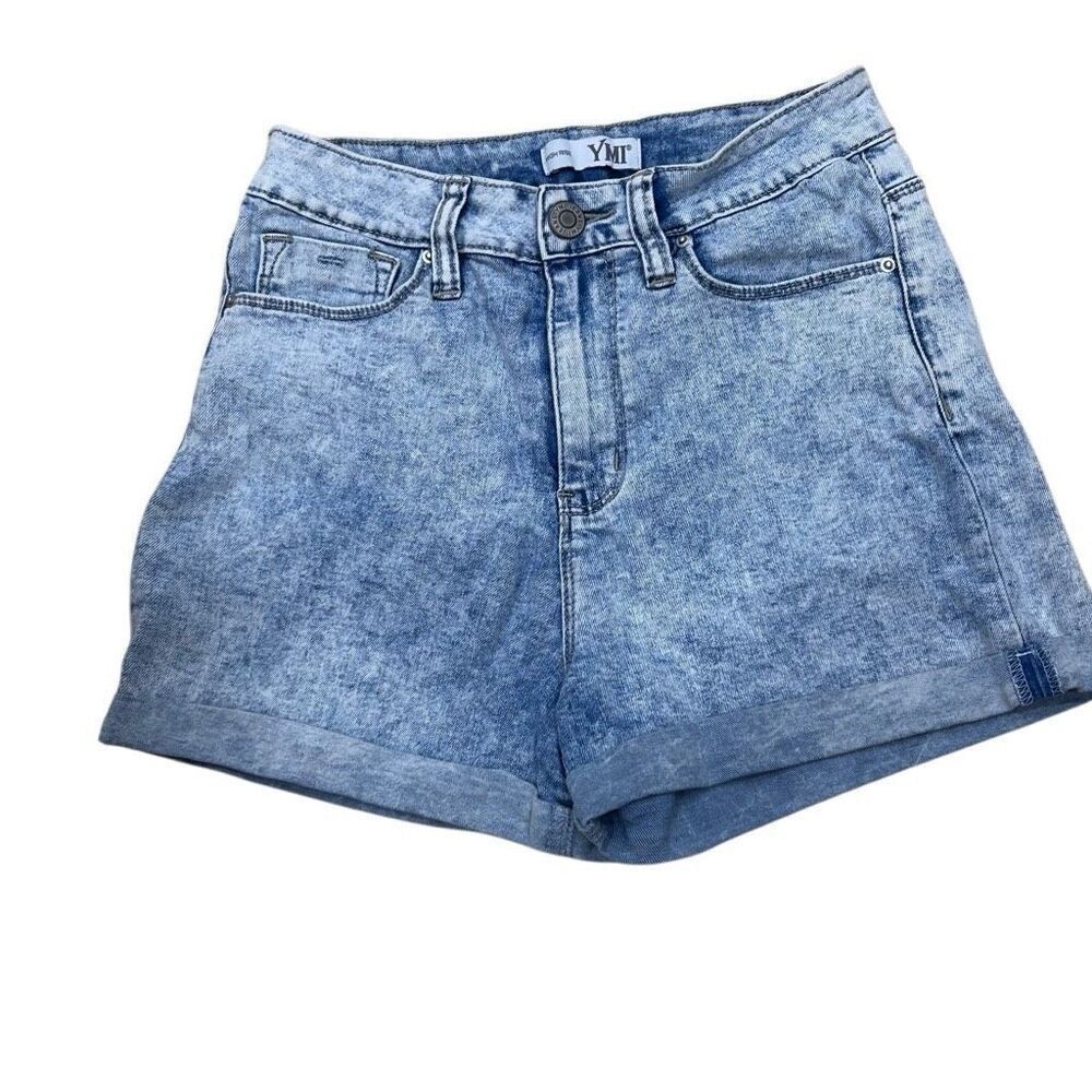 YMI Vtg Denim Shorts Women's Junior 7/28 Blue High Rise Acid Wash Rolled Cuffs